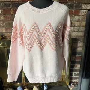 Pink Chevron Sweater with Pearl Accents